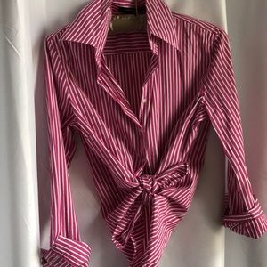 Magenta & white striped collared button down shirt